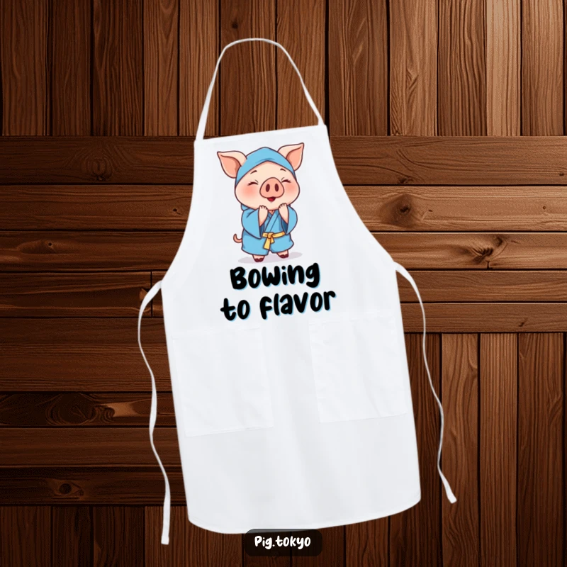 Funny cheerful pig apron with a polite pig wearing a blue robe, gracefully bowing to add a touch of humor to kitchen tasks.