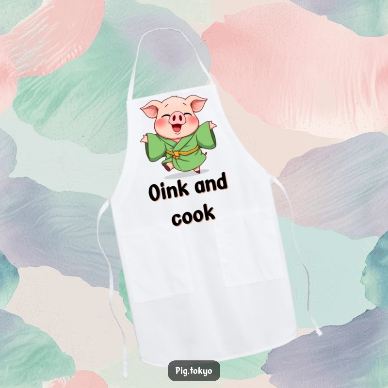 Funny apron showing a giggling pig dressed in a green robe, caught in a lively, playful spin, ready for kitchen fun.