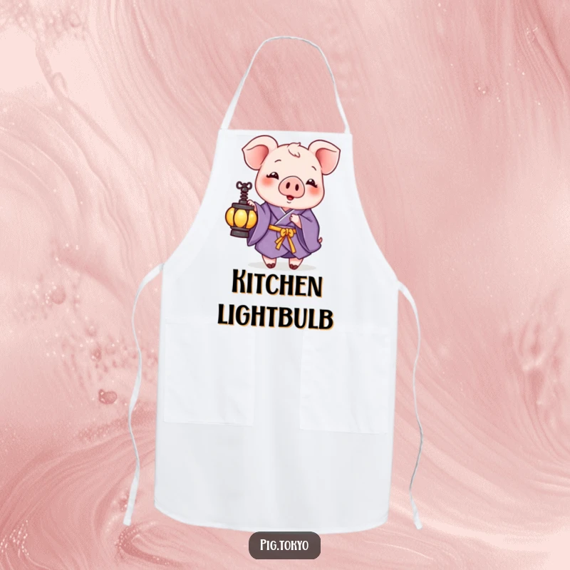 Funny apron showing a playful pig in a purple kimono holding a small lantern, ideal for adding a humorous touch to kitchen activities.