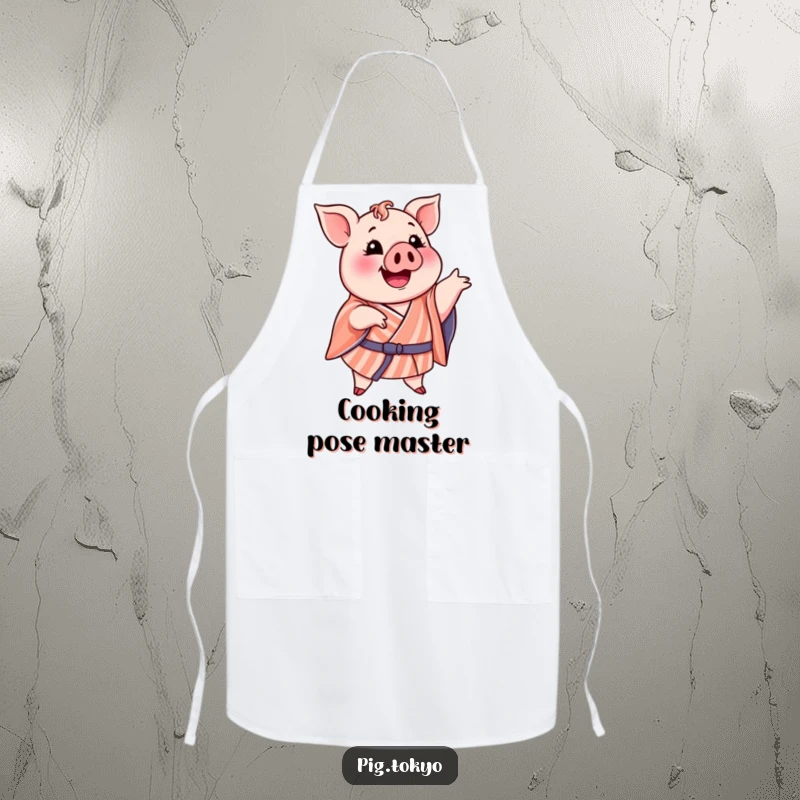 Funny apron print of a delighted pig in a striped kimono striking a funny pose, ideal for kitchen amusement.