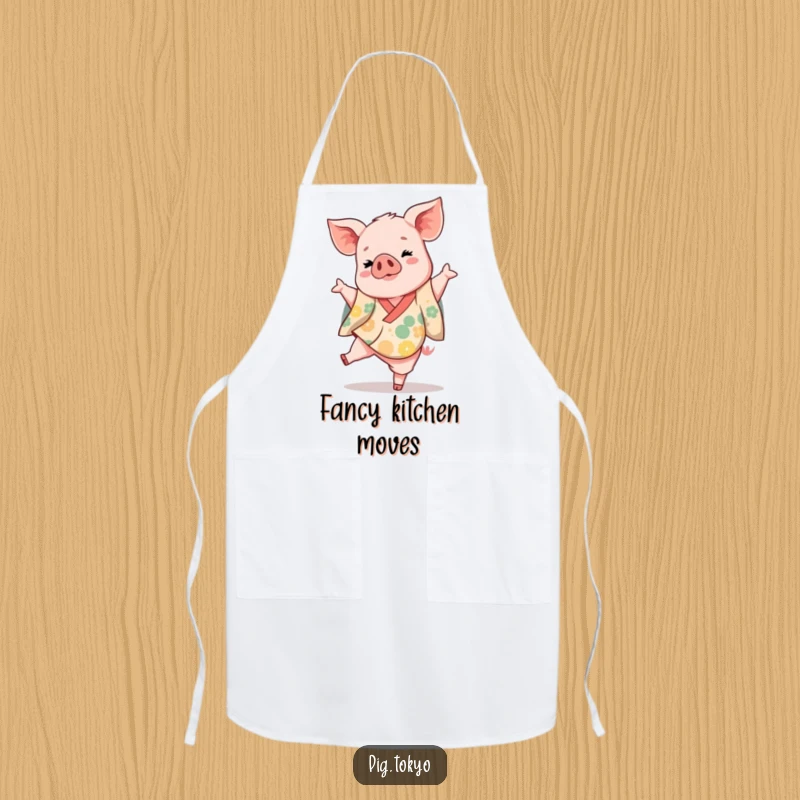 Funny piglet dancer apron showing a playful piglet in a vibrant kimono kicking one leg up gracefully, ideal for cooks.