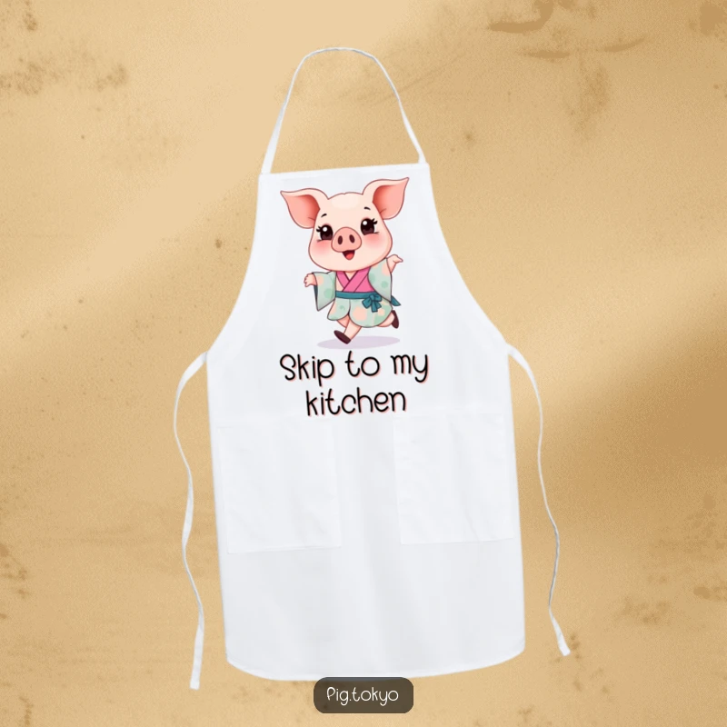 Funny Piglet Kimono Apron: A happy piglet in a colorful kimono takes a light skip, perfect for a funny, joyful cooking experience.