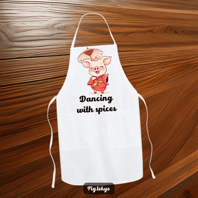 Funny smiling pig dance apron with a pig in a red kimono holding a parasol, adding festive humor to kitchen tasks.