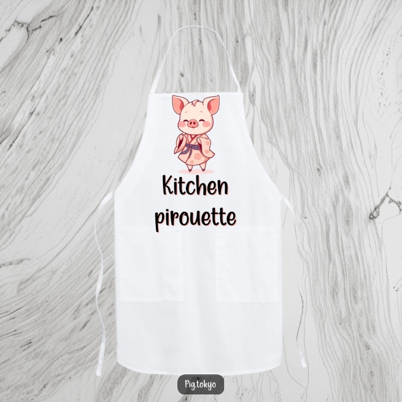 Funny piglet dancer apron showing a cheerful piglet in a flowing kimono performing a gentle twirl, ideal for cooks.
