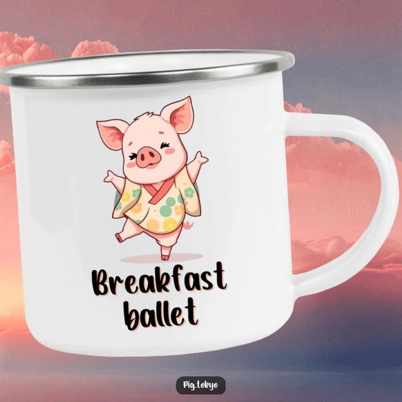 Funny piglet dancer camping mug with a playful piglet in a vibrant kimono kicking one leg up gracefully, for outdoor use.