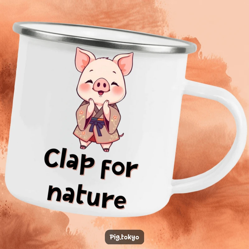 Funny Clapping Piglet Kimono Camping Mug: A jovial piglet in a decorative kimono claps its paws together, perfect for outdoor celebrations, a funny gift.
