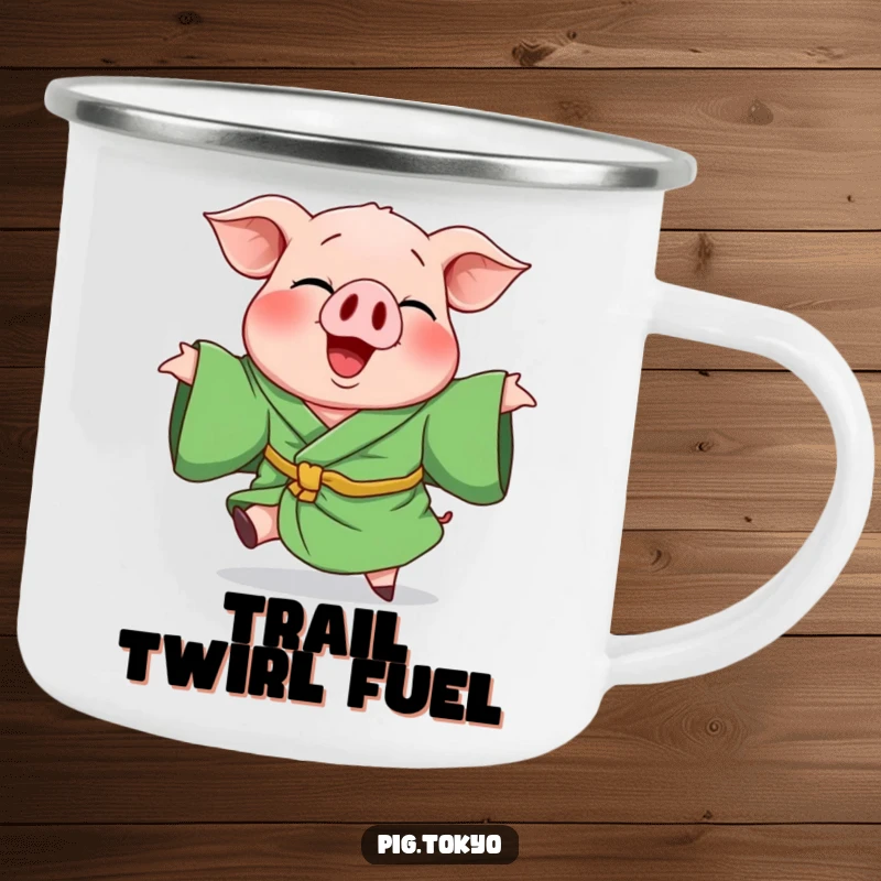 Funny camping mug showcasing a giggling pig in a green robe, captured mid-playful spin, perfect for rugged adventures and hearty laughs.