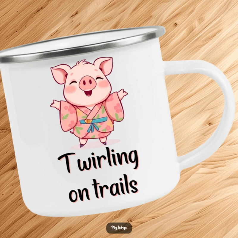 Funny camping mug of a cheerful pig in a floral kimono mid-twirl, designed for outdoor fun and a good laugh.