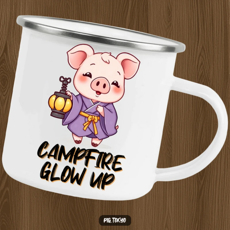 Funny camping mug showcasing a playful pig in a purple kimono holding a small lantern, bringing a touch of whimsy to outdoor adventures.