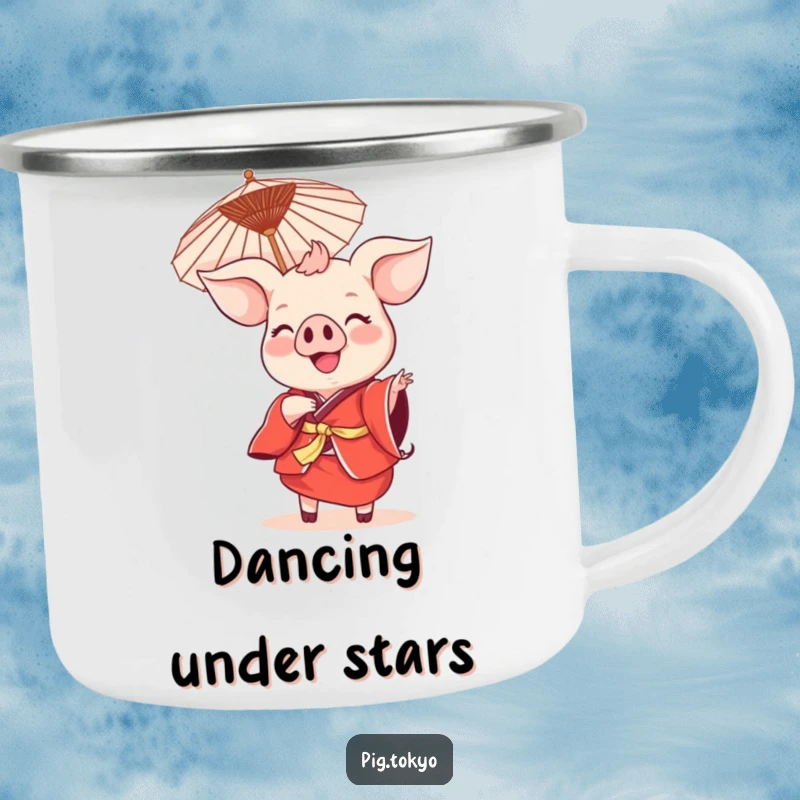 Funny smiling pig dance camping mug showing a pig in a red kimono holding a parasol, perfect for outdoor drinks with festive fun.