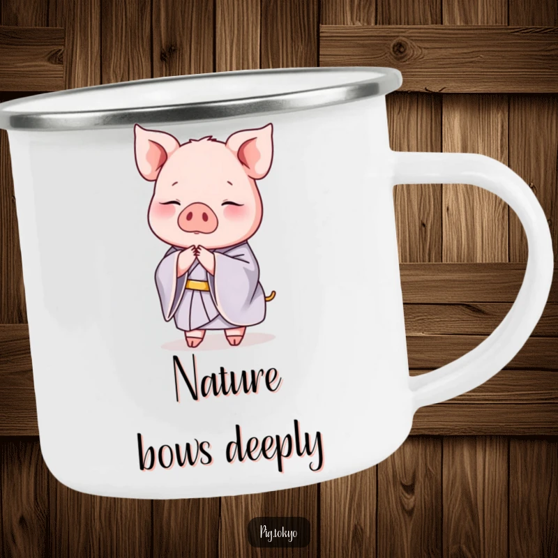 Funny camping mug of a graceful pig in a silk kimono bowing elegantly, designed for sophisticated outdoor enjoyment.