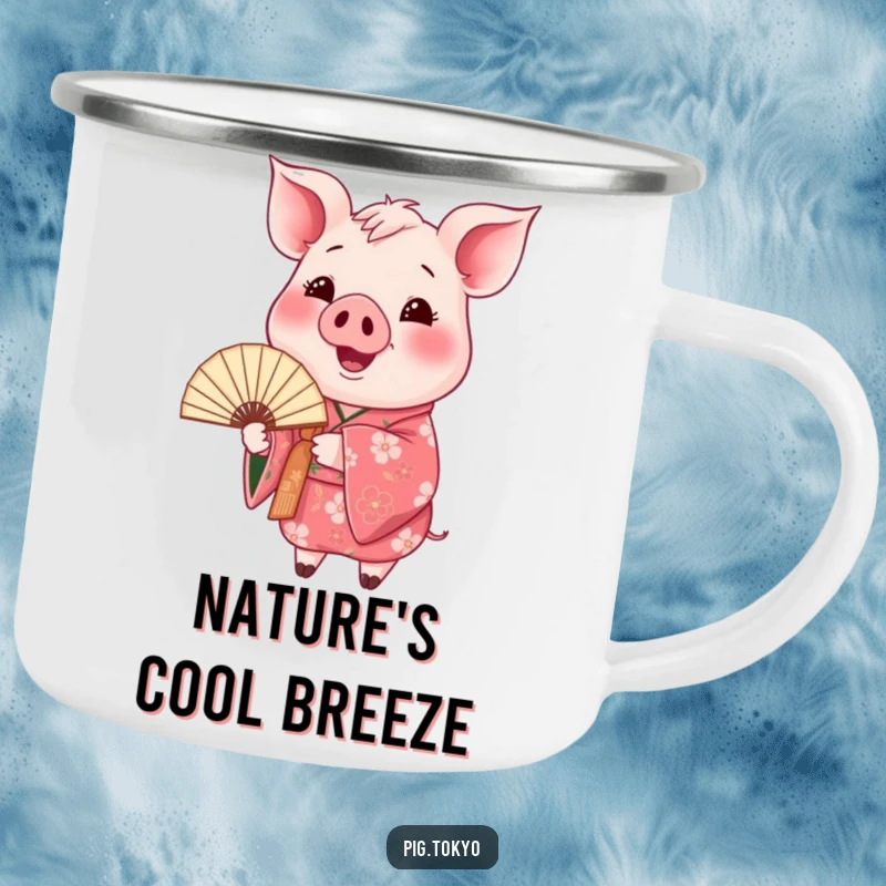 Funny happy pig kimono camping mug showing a pig in a floral kimono holding a fan, perfect for outdoor drinks with artistic flair.