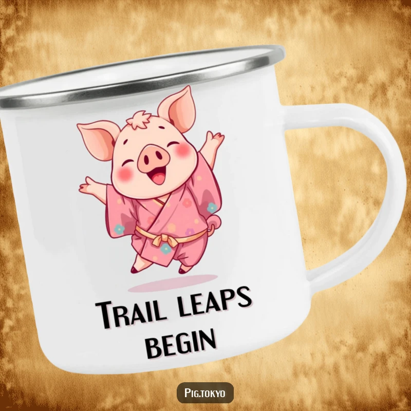 Funny camping mug of a playful pig in a vibrant kimono mid-leap, designed for outdoor fun and a good laugh.