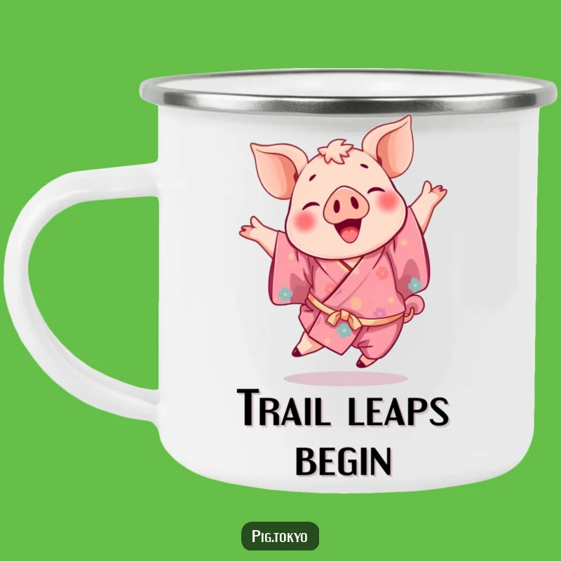 Funny Pig Kimono Camping Mug: Joyful Leap Adventure, Great Outdoor Gift!