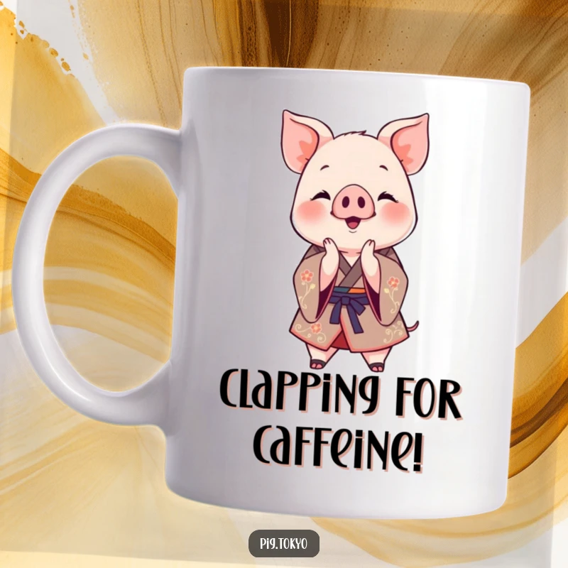 Funny Clapping Piglet Kimono Mug: A jovial piglet in a decorative kimono claps its paws together, spreading cheer, a perfect funny gift.