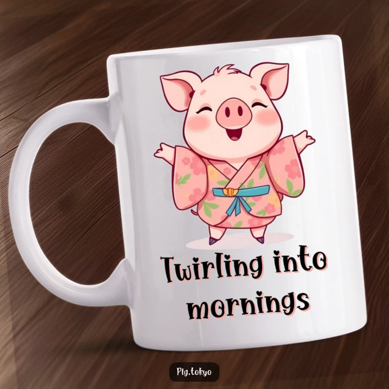 Funny mug depicting a cheerful pig in a floral kimono performing a happy twirl, radiating pure bliss and vibrant energy.