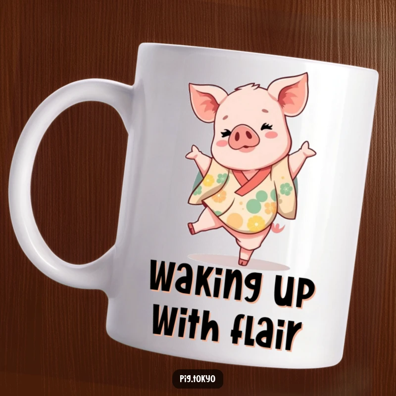 Funny piglet dancer mug featuring a playful piglet in a vibrant kimono kicking one leg up gracefully, a delightful design.