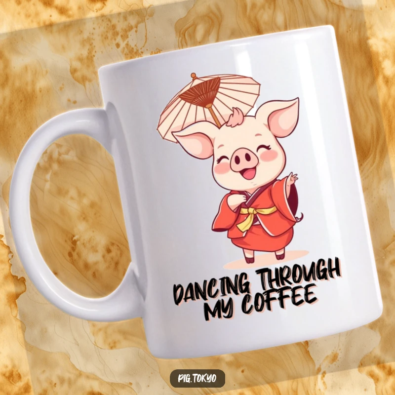 Funny smiling pig mug with a pig in a red kimono dancing joyfully with a parasol, celebrating with festive energy.