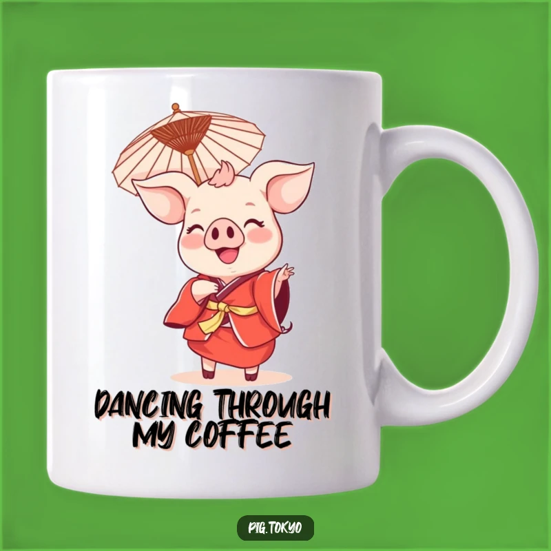 Funny Smiling Pig Dance Mug: Red Kimono Swine, Festive Gift Mug