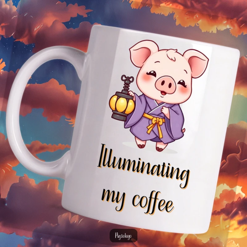 Funny mug with a playful pig dressed in a purple kimono, gently holding a small lantern, exuding quiet charm and humor.