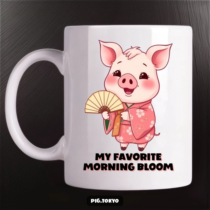 Funny happy pig mug with a pig in a floral kimono holding a fan, exuding joy and cultural charm.