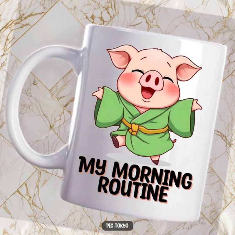 Funny mug with a giggling pig wearing a green robe, caught mid-playful spin, radiating pure, infectious joy and silliness.