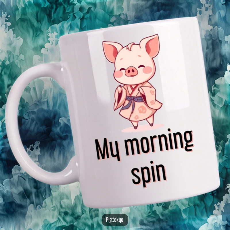 Funny piglet dancer mug with a cheerful piglet in a flowing kimono performing a gentle twirl, a delightful and humorous design.