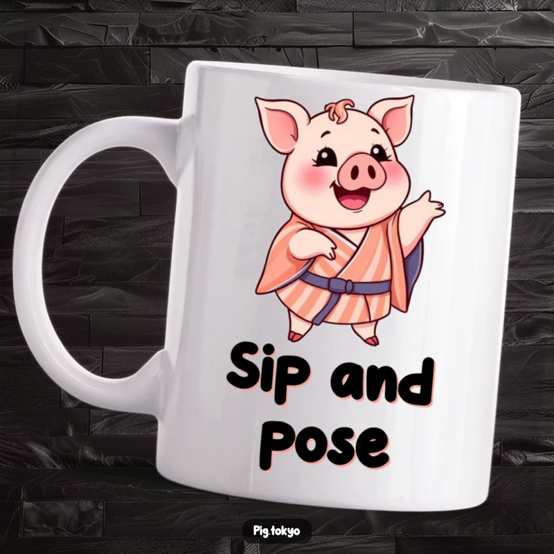 Funny mug depicting a delighted pig in a striped kimono striking a comical and exaggerated pose, exuding playful mischief.