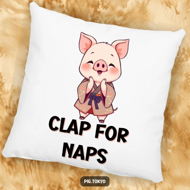 Funny Clapping Piglet Kimono Pillow: A jovial piglet in a decorative kimono claps its paws together, soft and amusing decor for a funny gift.