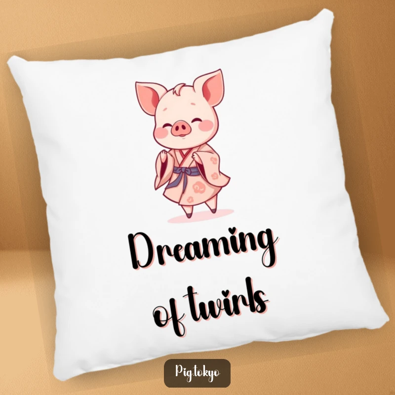 Funny piglet dancer pillow with a cheerful piglet in a flowing kimono performing a gentle twirl, soft and amusing.