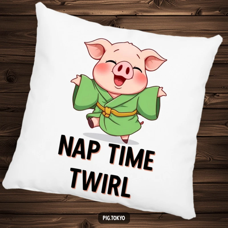 Funny pillow with a giggling pig wearing a green robe, captured in a playful spin, offering soft comfort and hilarious visual appeal.