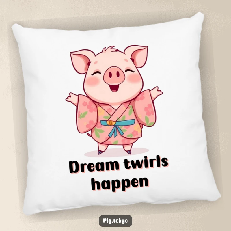 Funny pillow featuring a cheerful pig in a floral kimono doing a happy twirl, perfect for adding humor and comfort.