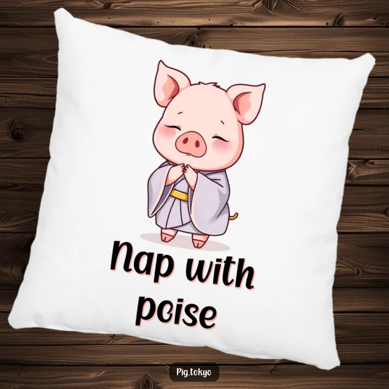 Funny pillow featuring a graceful pig in a silk kimono performing an elegant bow, perfect for sophisticated decor.