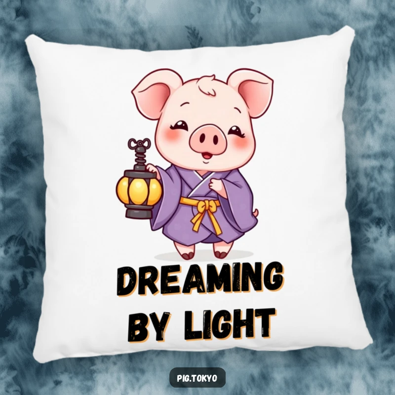 Funny pillow depicting a playful pig in a purple kimono holding a small lantern, offering soft comfort and a touch of gentle, humorous light.