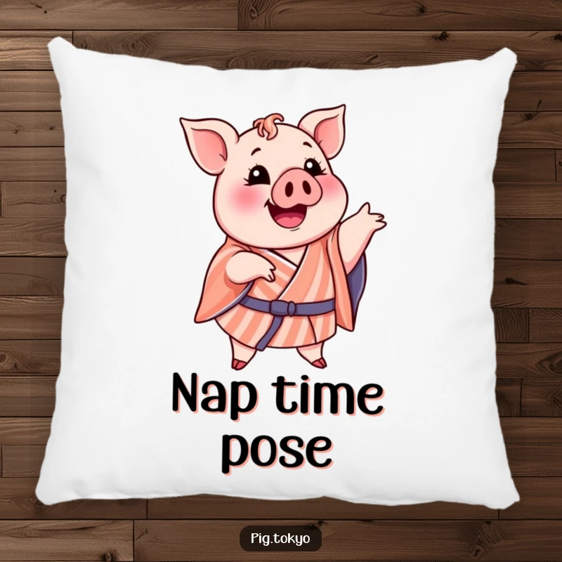 Funny pillow featuring a delighted pig in a striped kimono striking a comical pose, perfect for adding humor and comfort.
