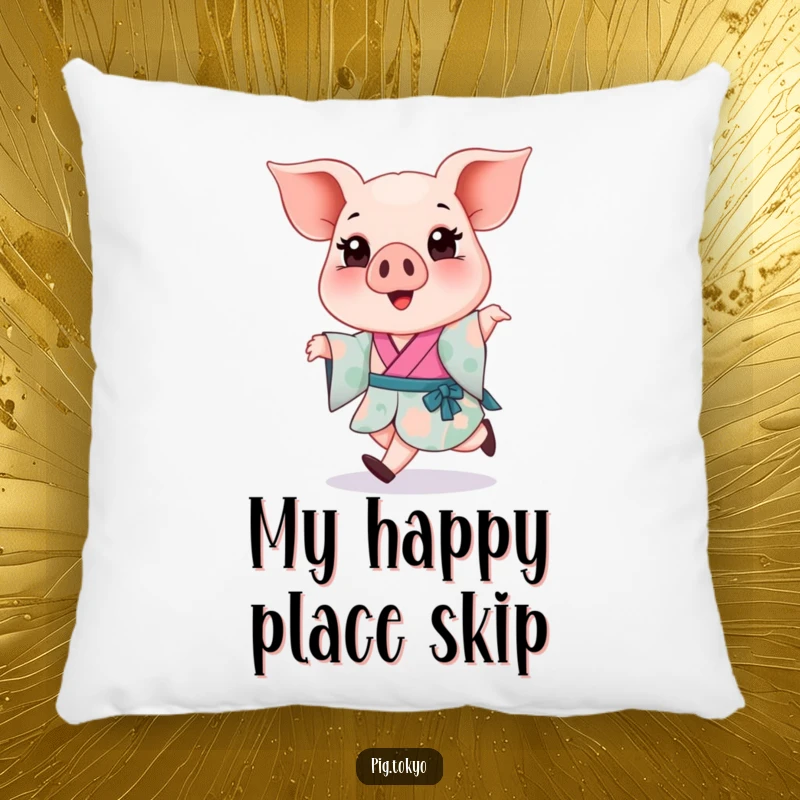 Funny Piglet Kimono Pillow: A happy piglet in a colorful kimono takes a light skip, soft and amusing decor for a funny gift.