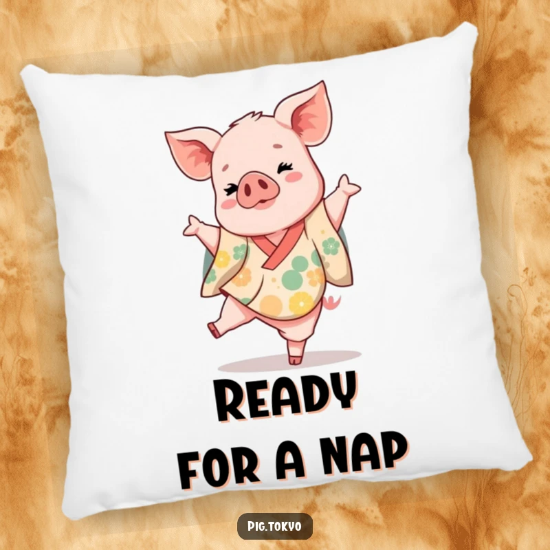 Funny piglet dancer pillow with a playful piglet in a vibrant kimono kicking one leg up gracefully, soft and amusing.