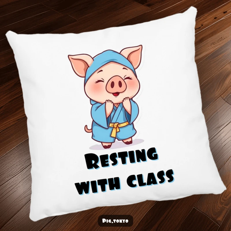 Funny cheerful pig pillow featuring a polite pig wearing a blue robe, gracefully bowing to offer comfort and a touch of elegant humor.