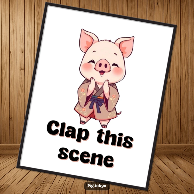 Funny Clapping Piglet Kimono Digital Art Print: A jovial piglet in a decorative kimono claps its paws together, printable art for instant celebration.