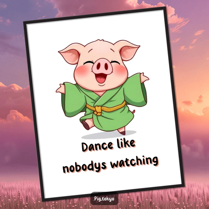 Funny digital art print of a giggling pig in a green robe, captured dynamically mid-playful spin, offering vibrant, humorous decor.