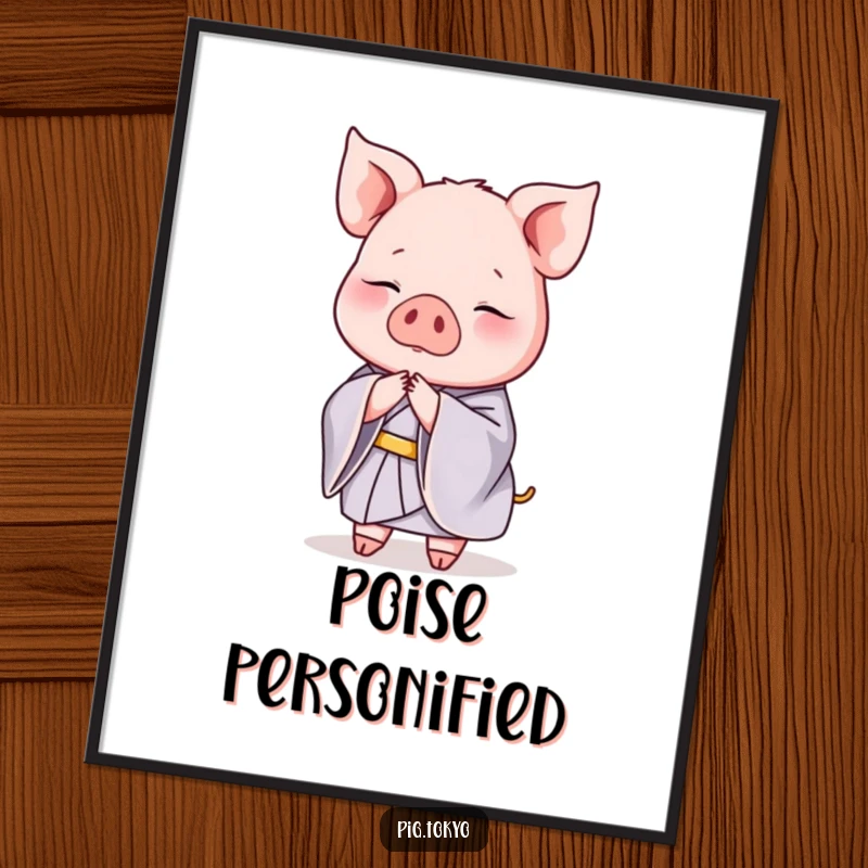 Funny digital art print of a graceful pig in a silk kimono executing an elegant bow, perfect for chic decor.