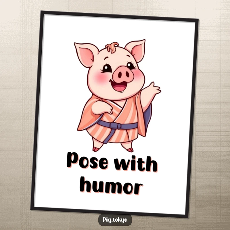 Funny digital art print of a delighted pig in a striped kimono striking a funny pose, perfect for instant decor.