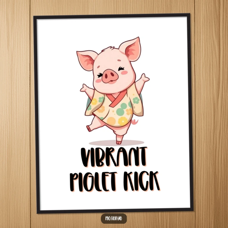 Funny piglet dancer digital art print of a playful piglet in a vibrant kimono kicking one leg up gracefully, charming decor.