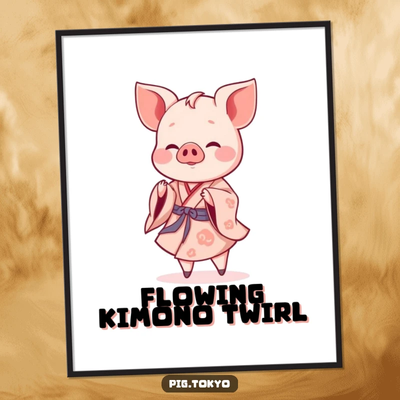 Funny piglet dancer digital art print of a cheerful piglet in a flowing kimono performing a gentle twirl, serene decor.