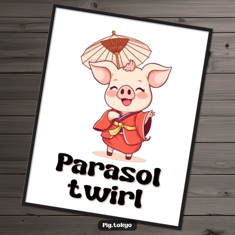 Funny smiling pig dance digital art print of a pig in a red kimono dancing with a parasol, offering festive humor and vibrant decor.