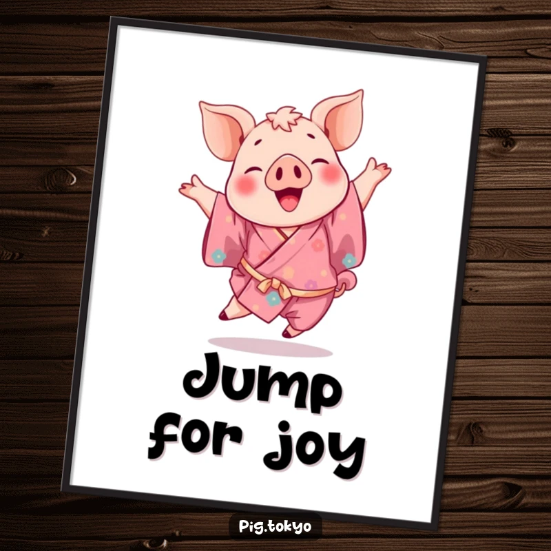Funny digital art print of a joyful pig in a vibrant kimono mid-leap, perfect for instant download and happy decor.