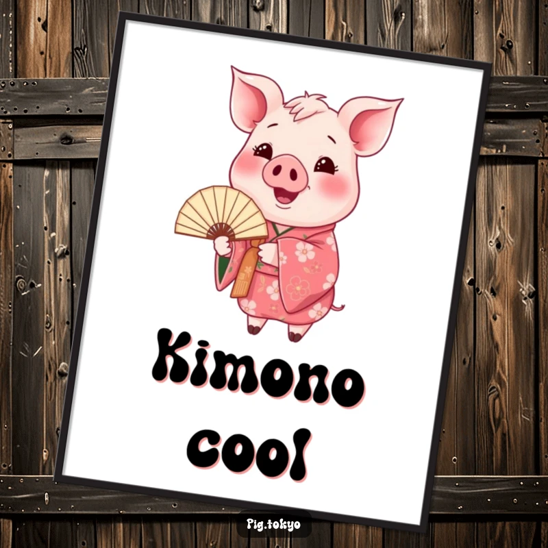 Funny happy pig kimono digital art print of a pig in a floral kimono holding a fan, offering artistic charm and joyful decor.