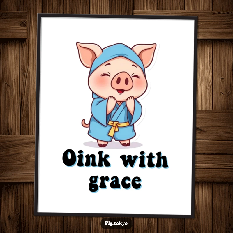 Funny cheerful pig digital art print of a polite pig wearing a blue robe, gracefully bowing to add elegant humor to any space.