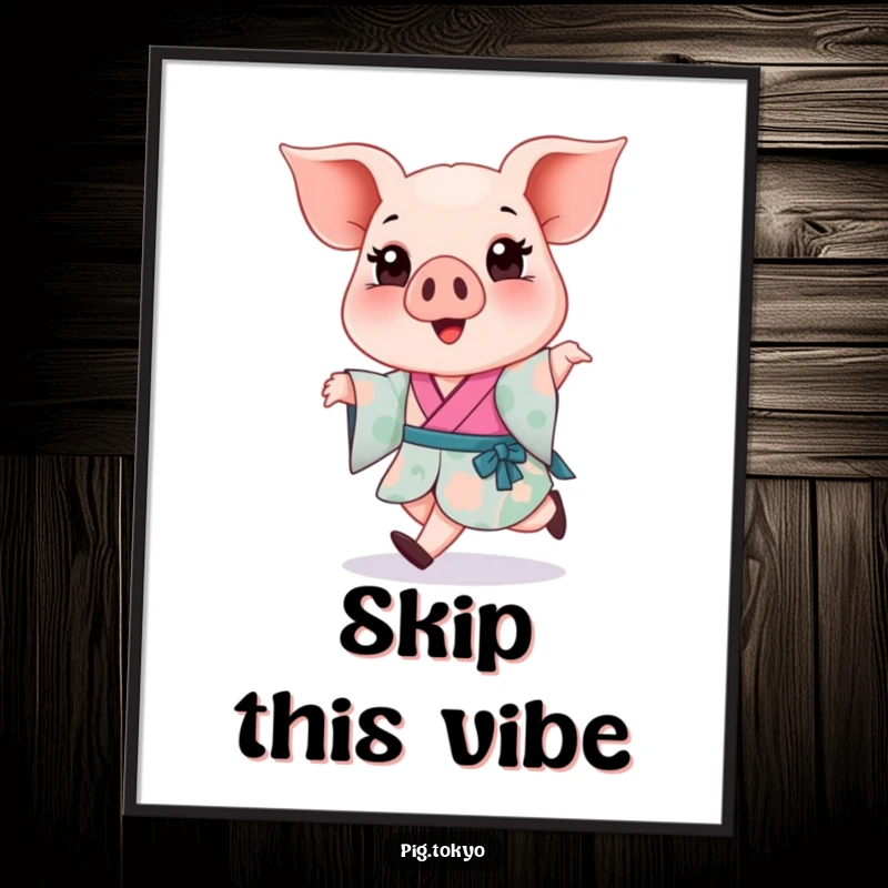 Funny Piglet Kimono Digital Art Print: A happy piglet in a colorful kimono takes a light skip, printable art for instant humor.