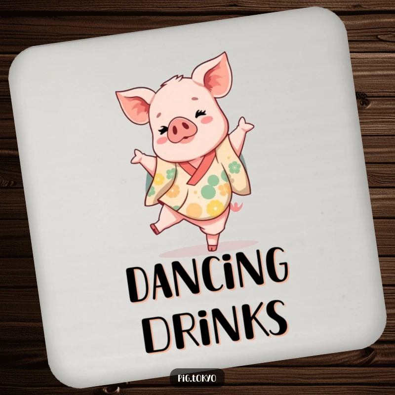 Funny piglet dancer coaster showing a playful piglet in a vibrant kimono kicking one leg up gracefully, protecting furniture.